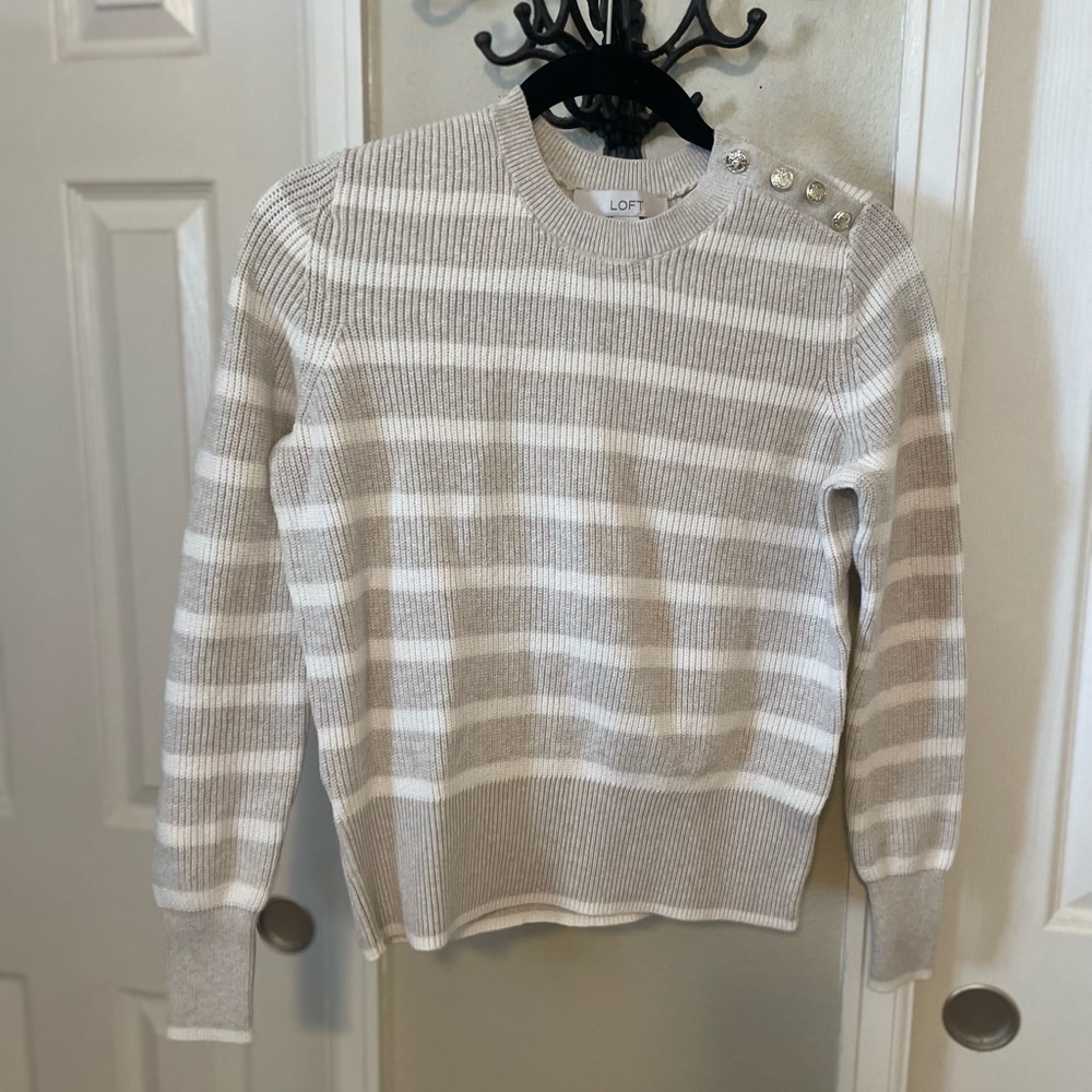 LOFT Beige Striped Knit Top with Metallic Buttons